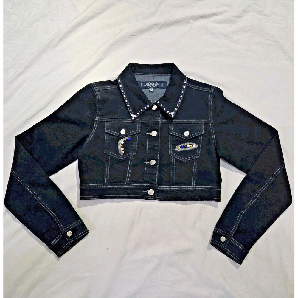 Angfu Denim Cropped Jacket Y2K 90s Dragonfly Bejeweled Biker Western Size Small